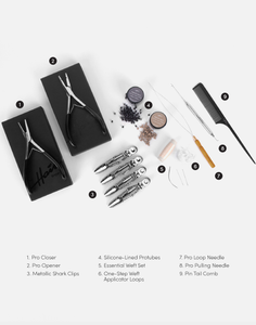 BEADED PRO KIT, 1. Pro Closer, 2. Pro Opener, 3. Metallic Shark Clips, 4. Silicone-lined Protubes, 5. Essential Weft Set, 6. One-step Weft Applicator Loops, 7. Pro Loop Needle, 8. Pro Pulling Needle, 9. Pin Tail Comb