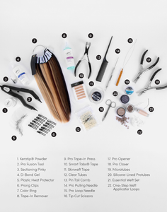 EXTENSION MASTER KIT, 1. Keratip® Powder, 2. Pro Fusion Tool, 3. Sectioning Pinky, 4. D-Bond Gel, 5. Plastic Heat Protector, 6. Prong Clips, 7. Color Ring, 8. Tape-In Remover, 9. Pro Tape-in Press, 10. Smart Tabs®, 11. Skinweft Tape, 12. Clear Tubes, 13. Pin Tail Comb, 14. Pro Pulling Needle, 15. Pro Loop Needle, 16. Tip Cut Scissors, 17. Pro Openers, 18. Pro Closer, 19. Microtubes, 20. Silicone-Lined Protubes, 21. Essential Weft Set, 22. One-step Weft Applicator Loops