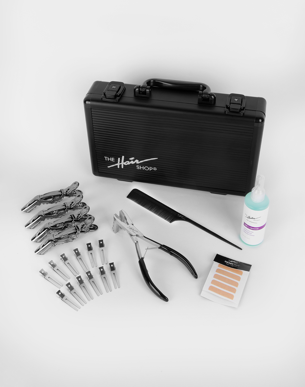 SMART TABS PRO KIT, Kit Contains: Pro Tape-In Press, Pin Tail Comb, Smart Tabs Tape, Tape-In Remover, Metallic Shark Clips 4 pack (gun metal), Duckbill Clip pack, Protective case