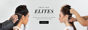 Hair stylists applying hair extensions on black hair model and brown hair model on banner that reads "Join the Elites Browse our full selection of classes and events for every level"
