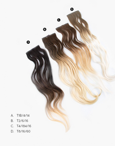 row of bundles of Skinny Clip-In extensions in a variety of colors