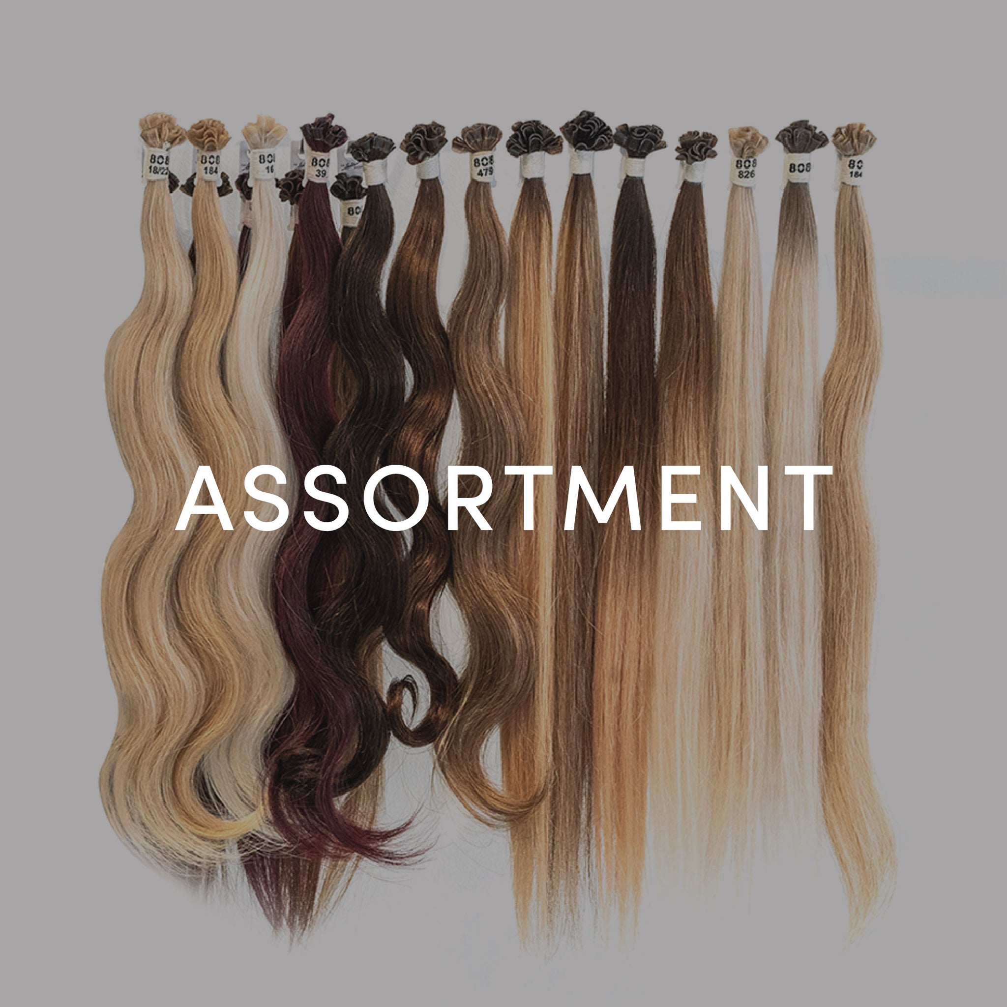 Different color hair bundles with text that reads "Assortment"