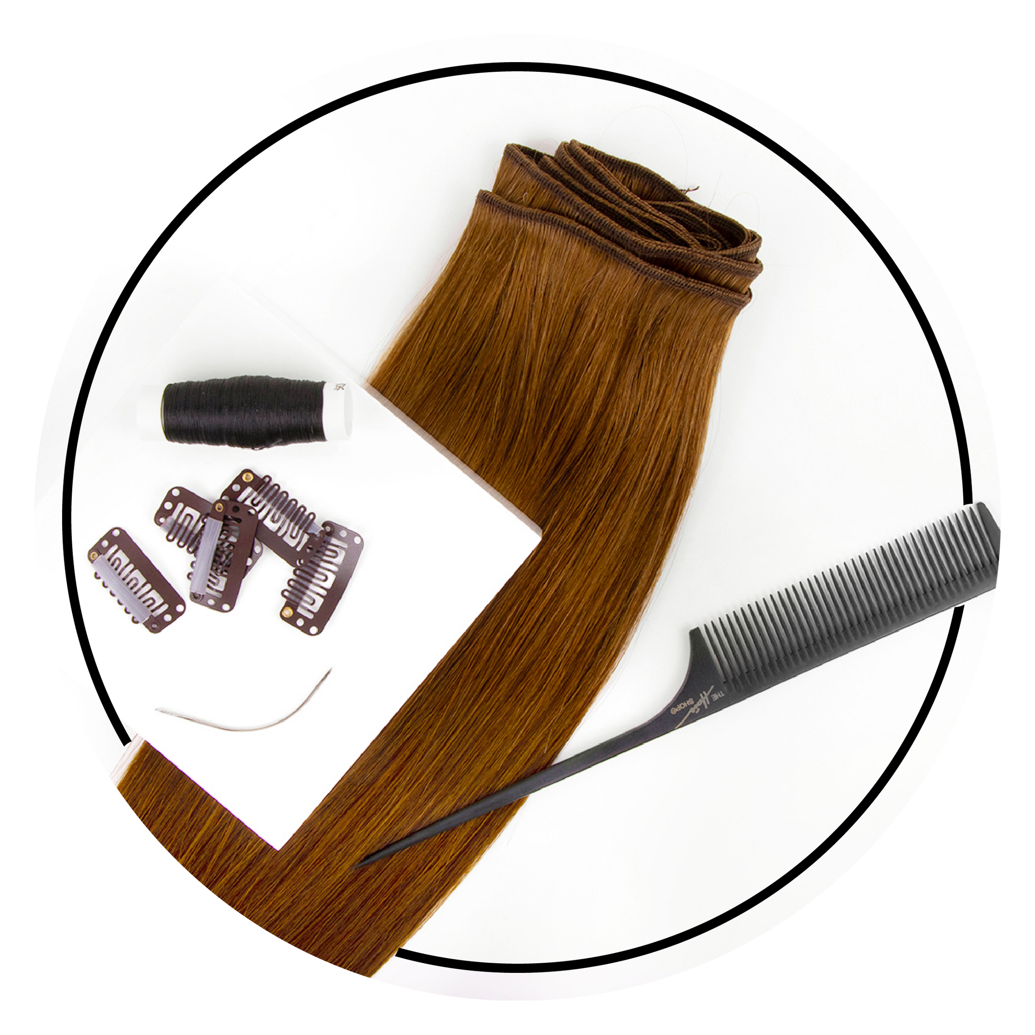 Classic weft extensions laying flat with comb, toupee clips, and nylon thread