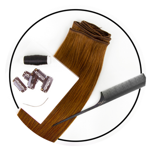 Classic weft extensions laying flat with comb, toupee clips, and nylon thread
