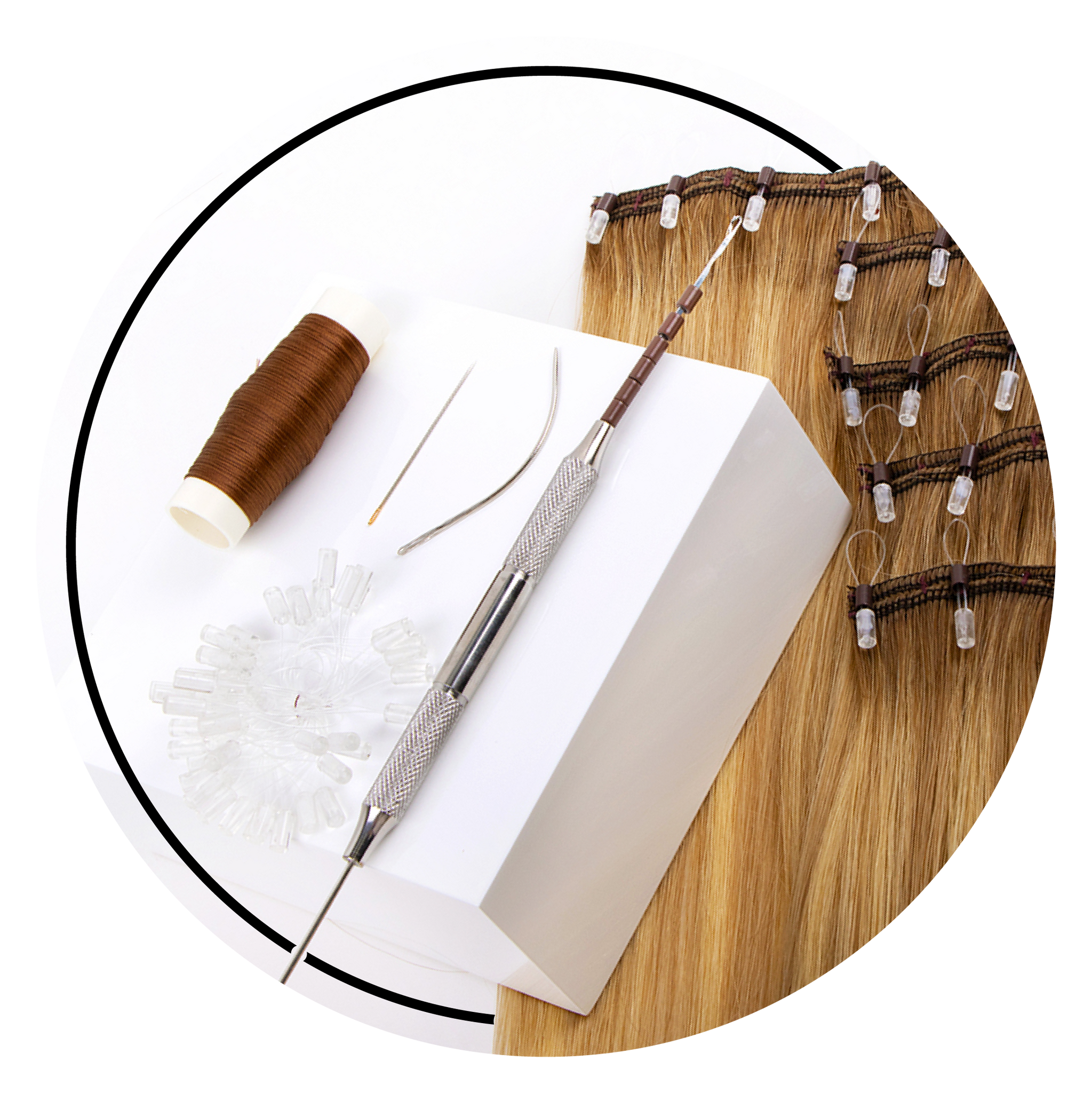 One-Step Weft extensions laying flat with pro pulling needle, nylong thread, and applicator loops