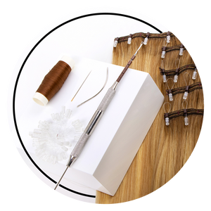 One-Step Weft extensions laying flat with pro pulling needle, nylong thread, and applicator loops