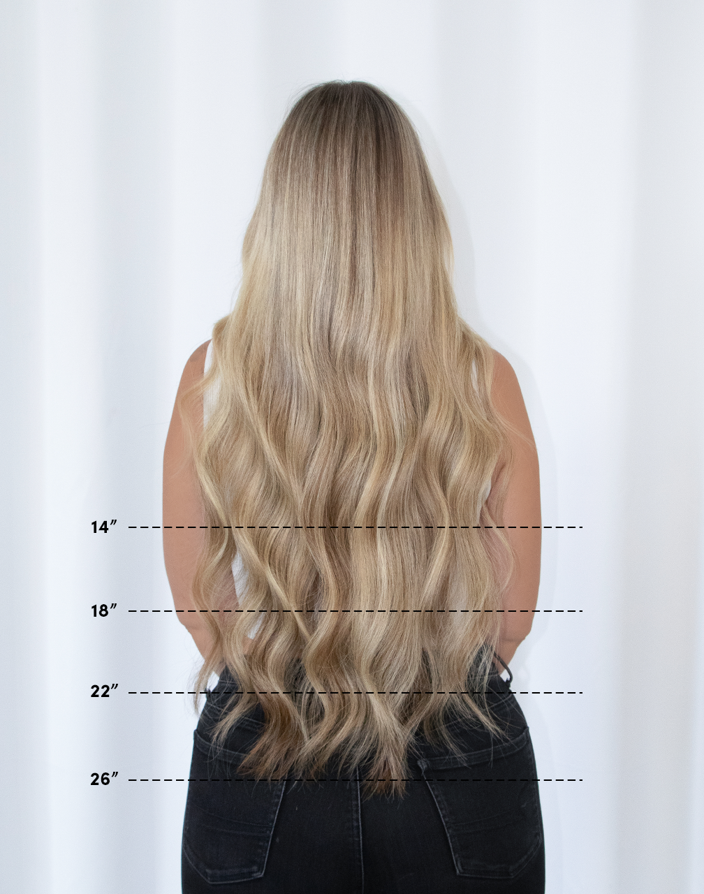 Length chart showing model with blonde hair at 14", 18", 22", 26" lengths