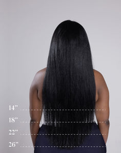 chart showing different lengths of straight hair on model. 14" hair length falls below armpits, 18" mid-back, 22" hips