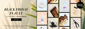 Promotional banner for Black Friday in July sale with product images and call-to-action text.