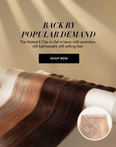 Hair extensions displayed with promotional text and a 'Shop Now' button on a beige background.