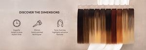 Banner showcasing Smart Weft™ HĪEWS with expertly toned dimensions to save stylists time, featuring hand-painted effects and face-framing highlights for enhanced features.