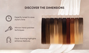 Banner showcasing Smart Weft™ HĪEWS with expertly toned dimensions to save stylists time, featuring hand-painted effects and face-framing highlights for enhanced features.