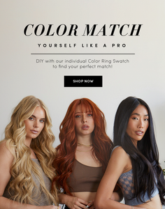  Blonde, Red, and Black hair models with text that reads "Color match yourself like a pro. DIY with out individual Color Ring Swatch to find your perfect match"