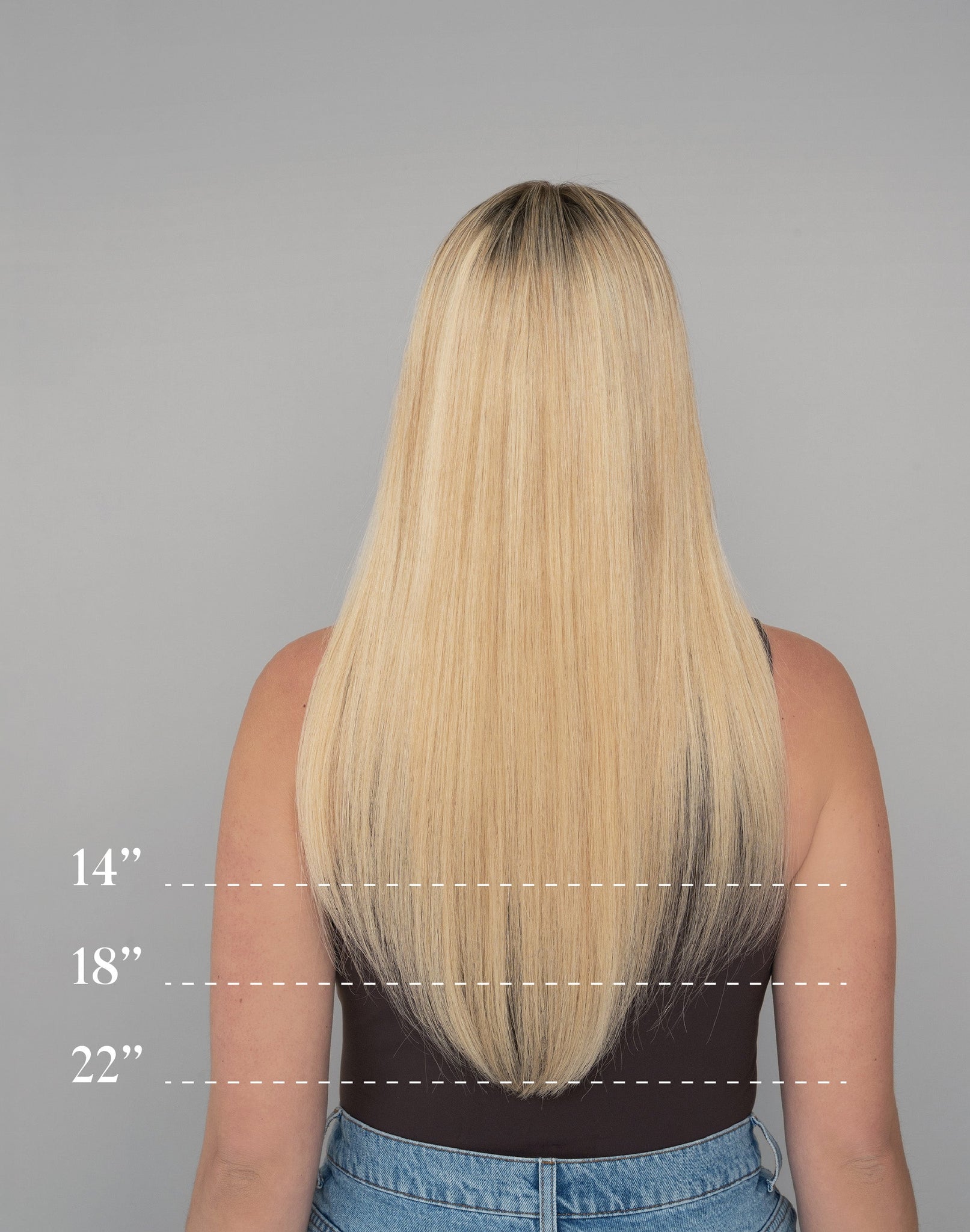 chart showing different lengths of straight hair on model. 14" hair length falls below armpits, 18" mid-back, 22" hips