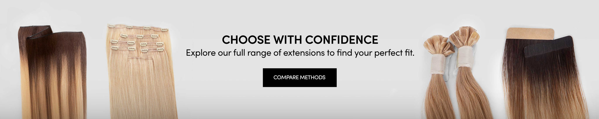 Hair extensions with a 'Choose with Confidence' text on a white background