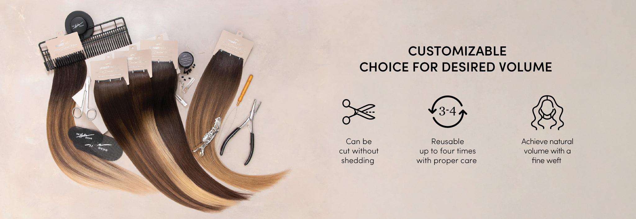 Banner with Smart Weft™ HĪEWS product image and infographics highlighting customizable volume, non-shedding cuts, reusability, and natural-looking fine weft.