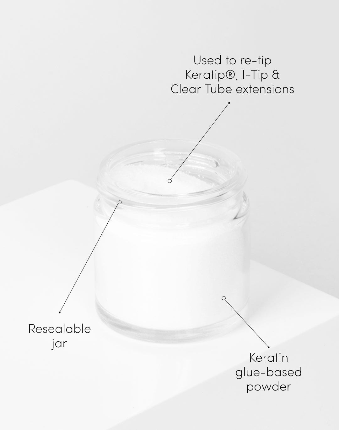 Keratip® Powder resealable jar, used to re-tip keratip, i-tip & clear tube extensions, keratin glue-based powder