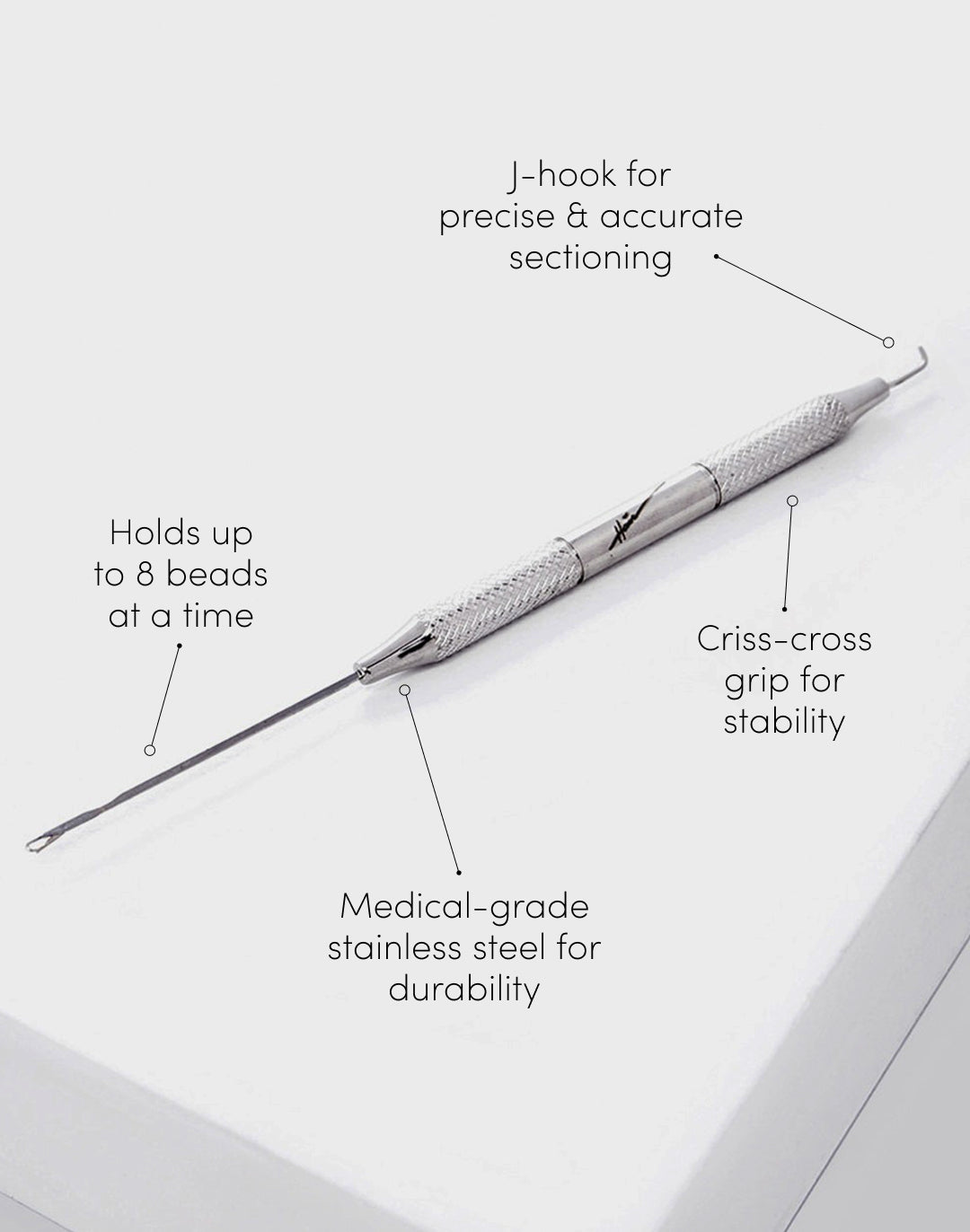 Pro Pulling Needle holds up to 8 beads at a time, j-hook for precise & accurate sectioning, criss-cross grip for stability, medical-grade stainless steel for durability 