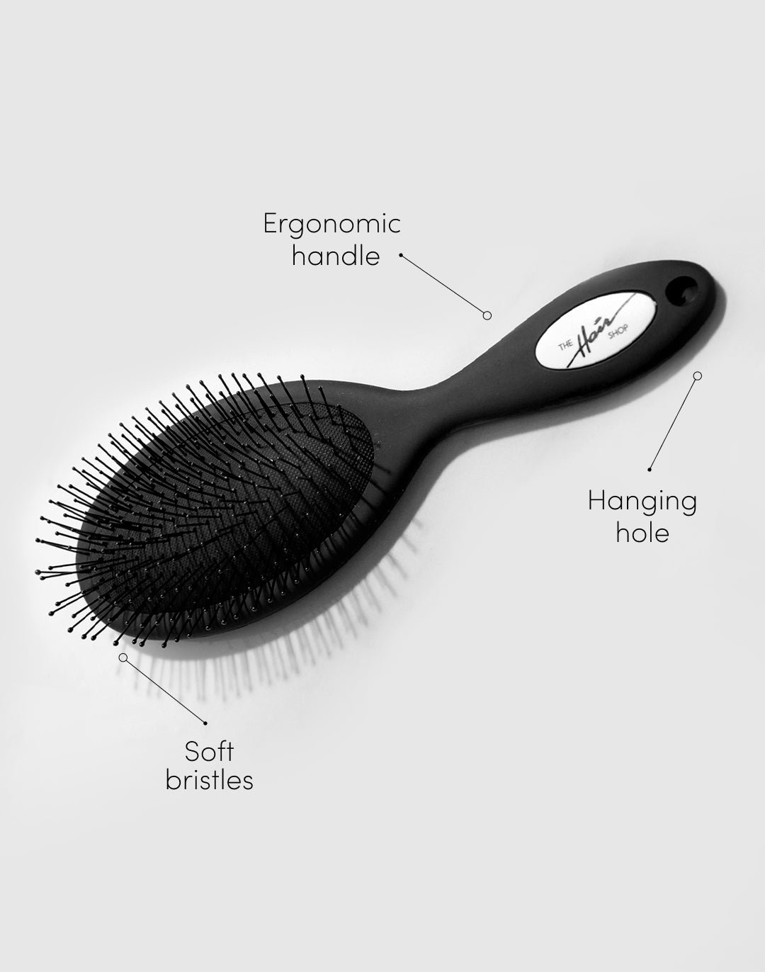 THS detangling brush ergonomic handle, soft bristles, hanging hole