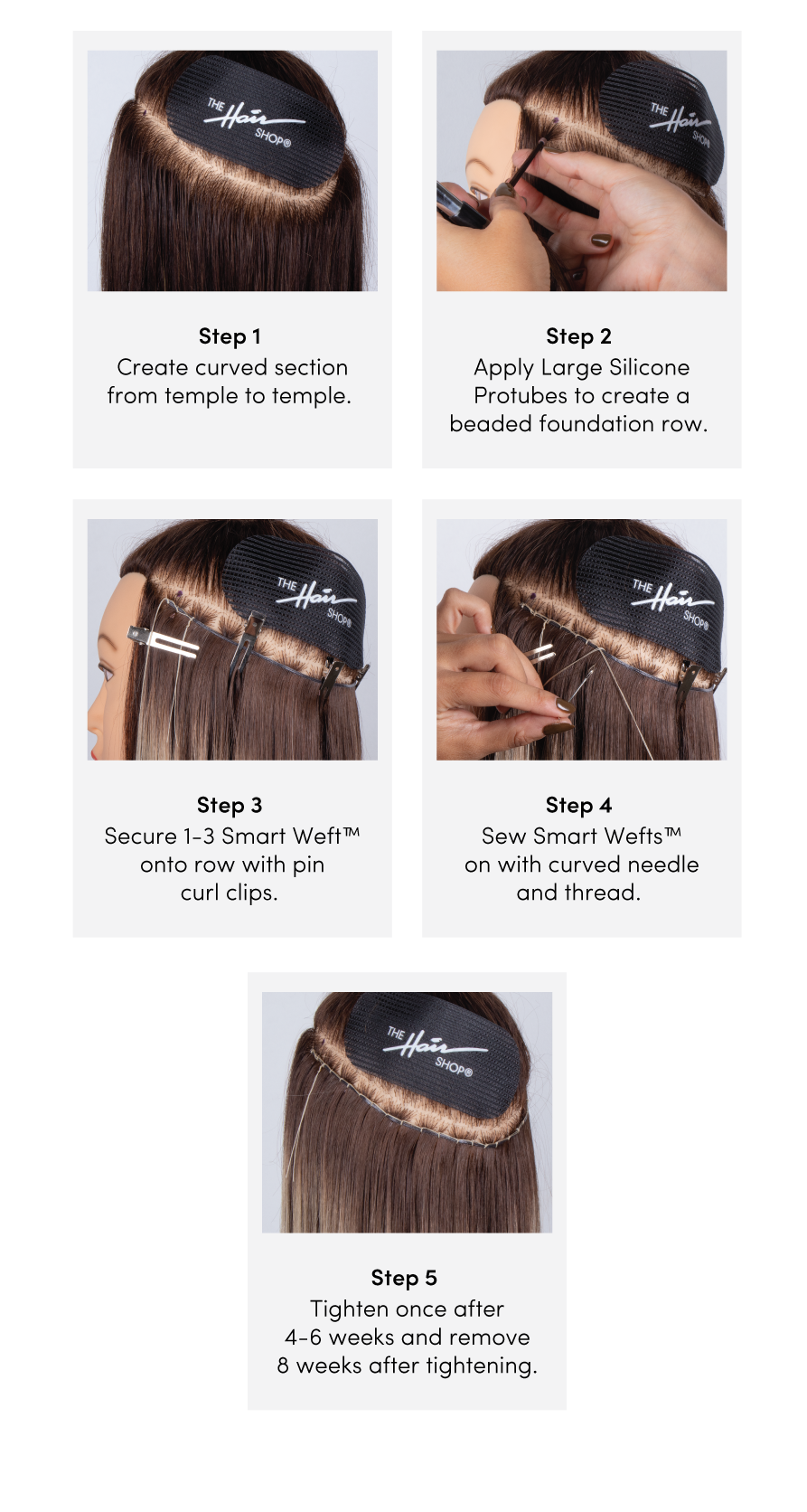 Step-by-step guide illustrating the process of applying Smart Weft™ hair extensions.