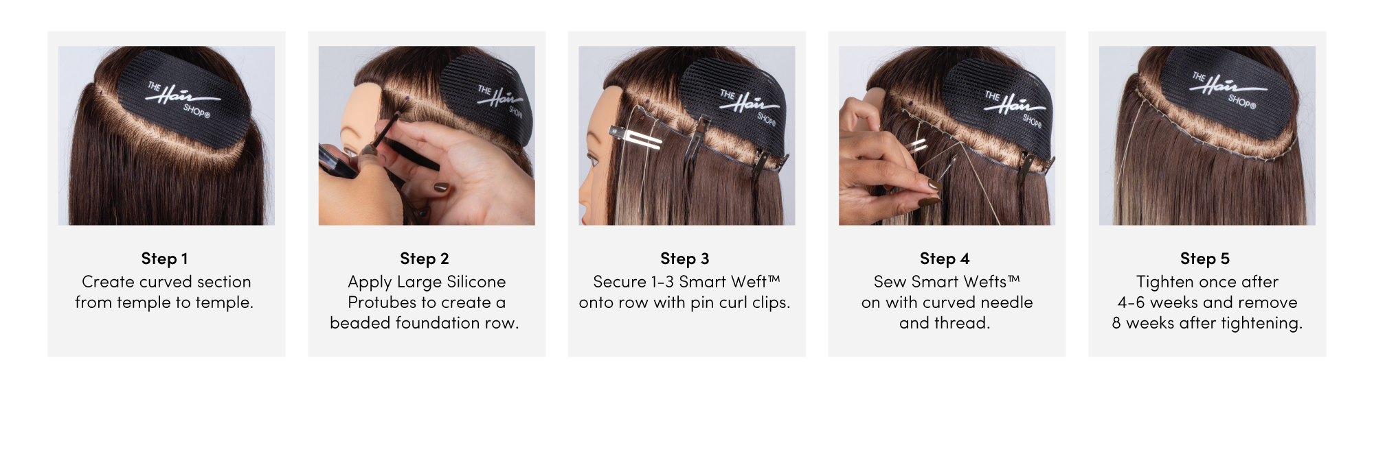 Step-by-step guide illustrating the process of applying Smart Weft™ hair extensions.