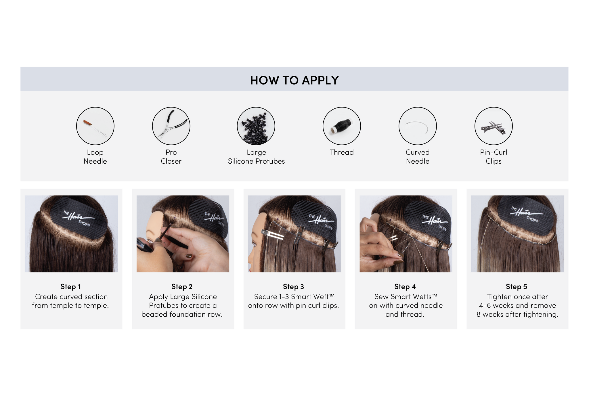 Banner of Step-by-step guide for applying Smart Wefts™: section hair, add silicone beads, clip wefts, sew with curved needle, and tighten after 4-6 weeks.