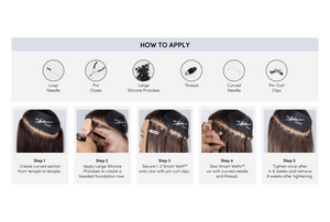 Banner of Step-by-step guide for applying Smart Wefts™: section hair, add silicone beads, clip wefts, sew with curved needle, and tighten after 4-6 weeks.