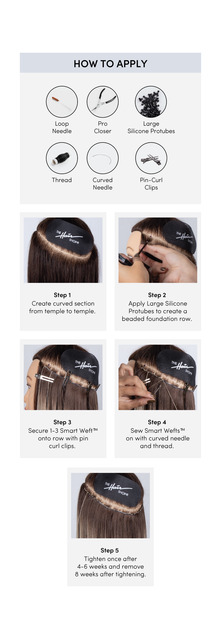 Banner of Step-by-step guide for applying Smart Wefts™: section hair, add silicone beads, clip wefts, sew with curved needle, and tighten after 4-6 weeks.