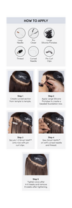 Banner of Step-by-step guide for applying Smart Wefts™: section hair, add silicone beads, clip wefts, sew with curved needle, and tighten after 4-6 weeks.