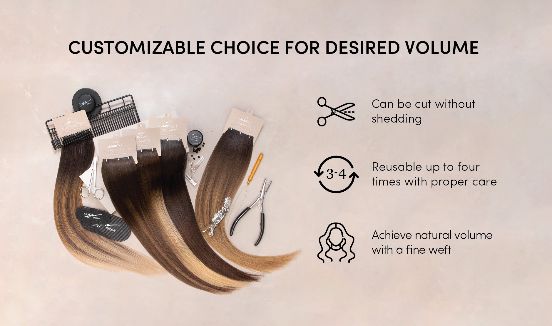 Banner with Smart Weft™ HĪEWS product image and infographics highlighting customizable volume, non-shedding cuts, reusability, and natural-looking fine weft.