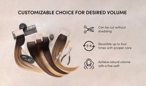 Banner with Smart Weft™ HĪEWS product image and infographics highlighting customizable volume, non-shedding cuts, reusability, and natural-looking fine weft.