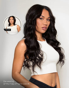 Model with black hair and text that reads "Zoe wearing 22" Pro 7 Clip-In Set in color #1."