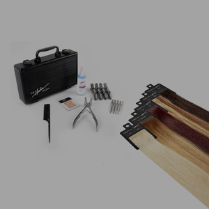 Display of the Tape-In extension tool kit with all tools and accessories included