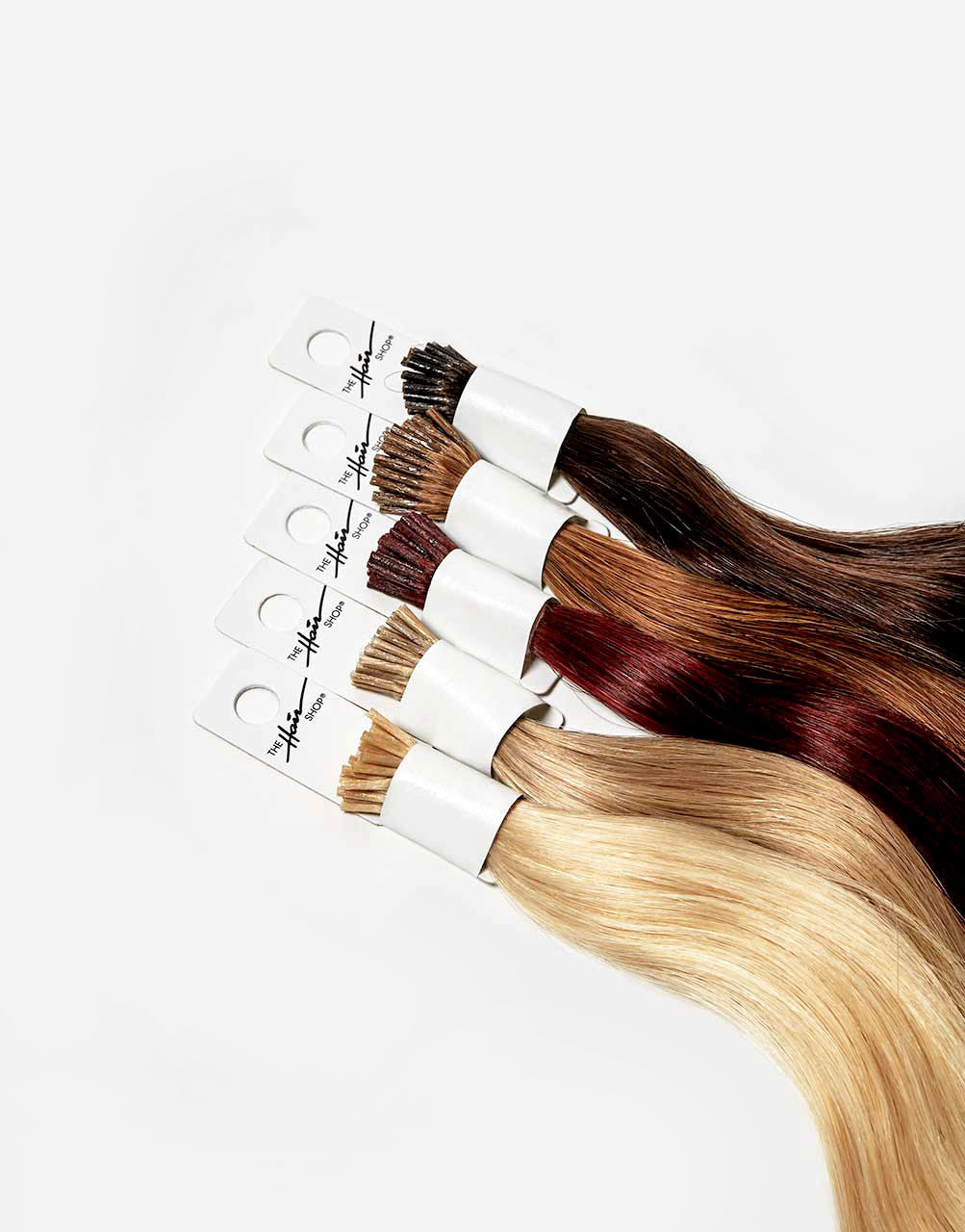 row of 808 I-tip bundle extensions in a variety of colors