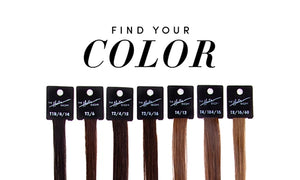 A variety of brown hair swatches lined up with text that reads "Find Your Color"