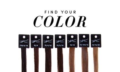 A variety of brown hair swatches lined up with text that reads "Find Your Color"