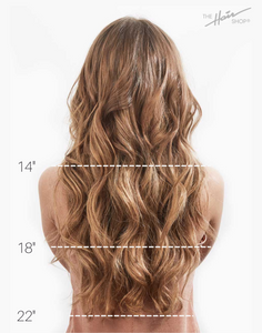 chart showing different lengths of straight hair on model. 14" hair length falls below armpits, 18" mid-back, 22" hips