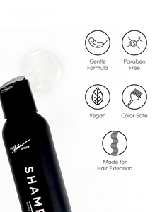 Shampoo. Gentle formula. Paraben free. Vegan. Color safe. Made with hair extension.