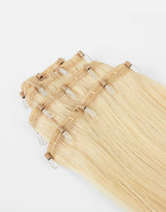 close up of row of one-step-weft blonde extensions