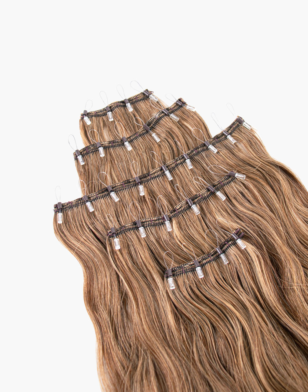 row of one-step-weft brown extensions
